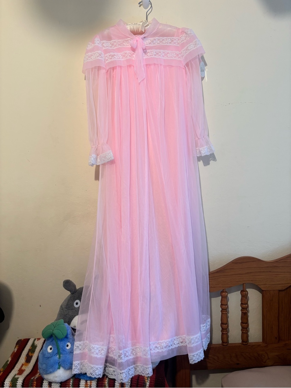 Vintage 2 Piece Miss Elaine Sheer Bubblegum Pink Long Nightgown with Lace Trim